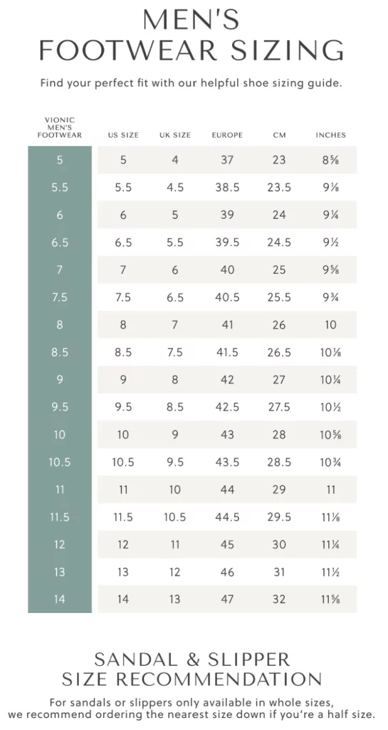 Vionic Mens Size chart
