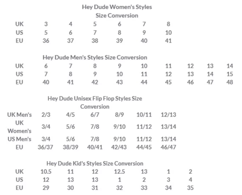 Hey Dude kids' Size Guide and conversion for toddlers, kids and youth