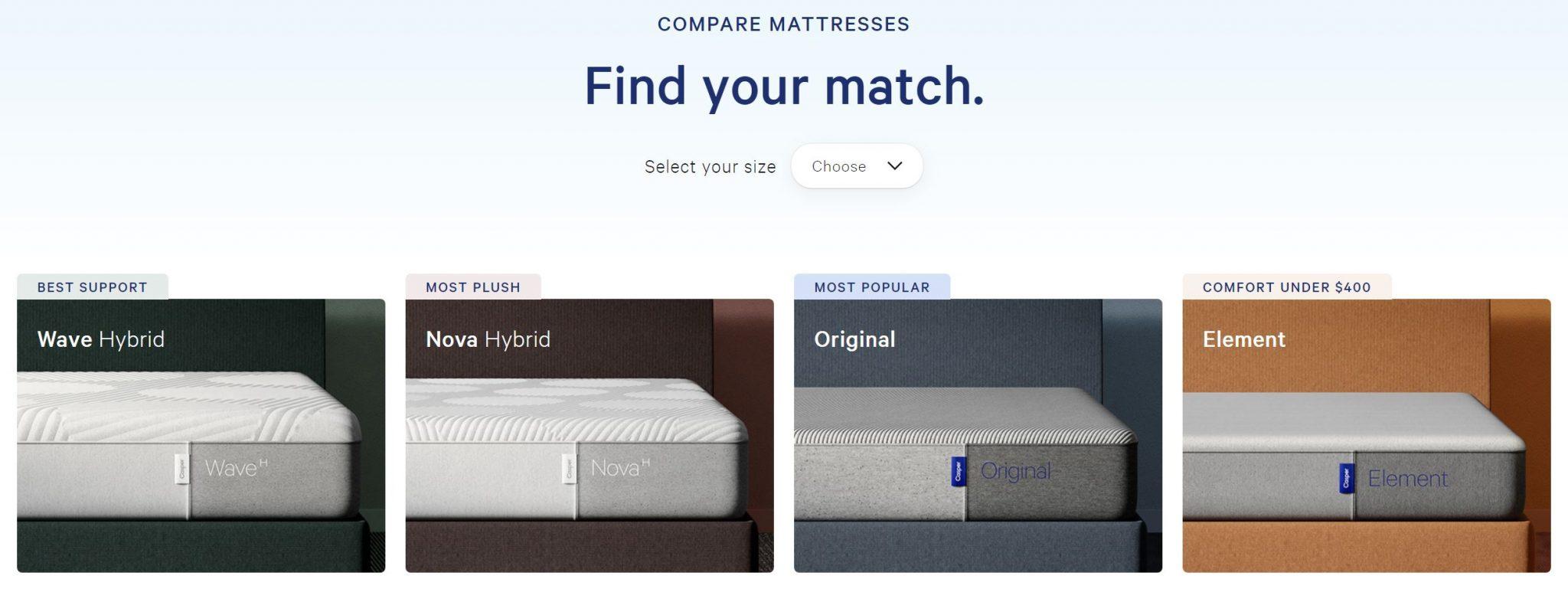 casper mattress size chart