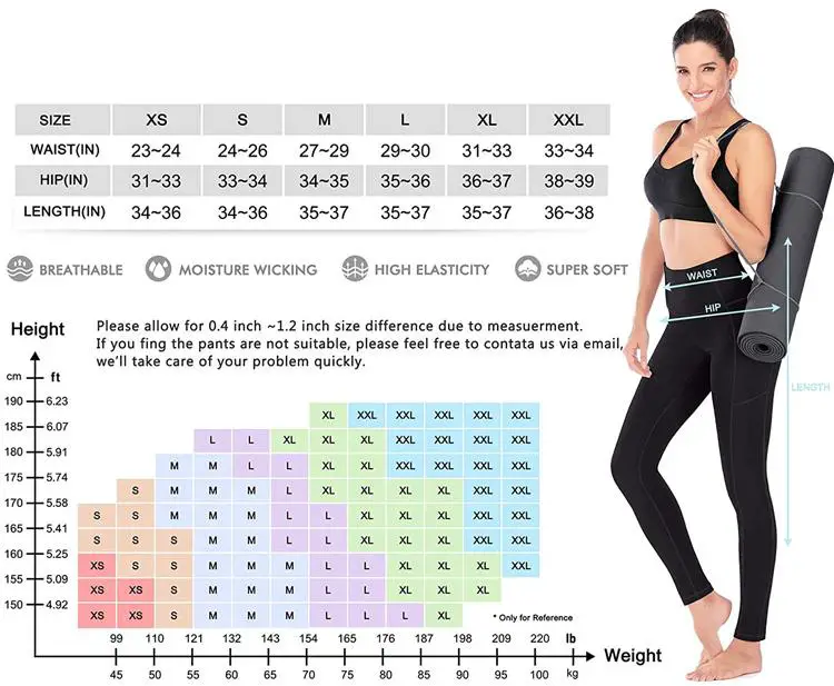 yoga clothes size chart