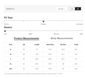 Shein Men's Size chart for apparel, accessories and shoes