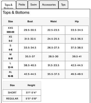 Express size chart for men and women's clothes 