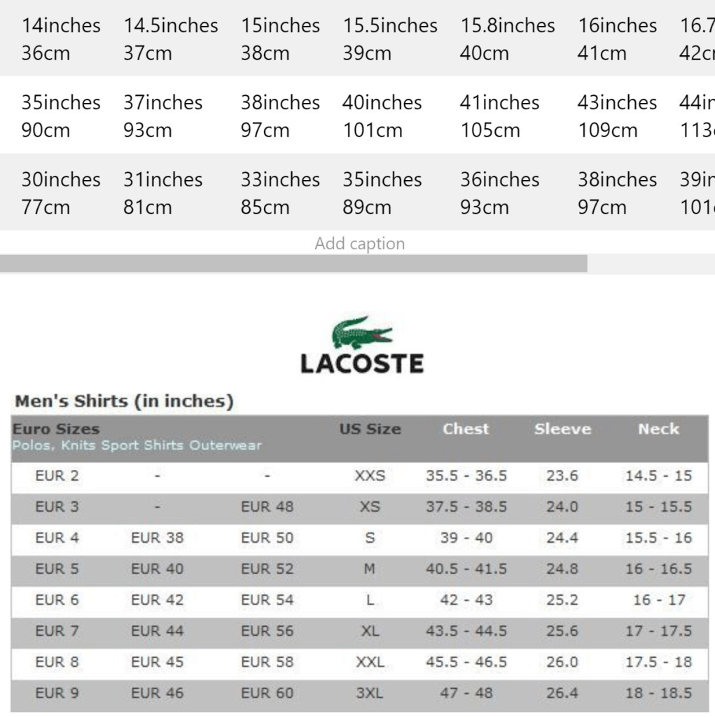 Lacoste Size charts for polo shirts and other clothing