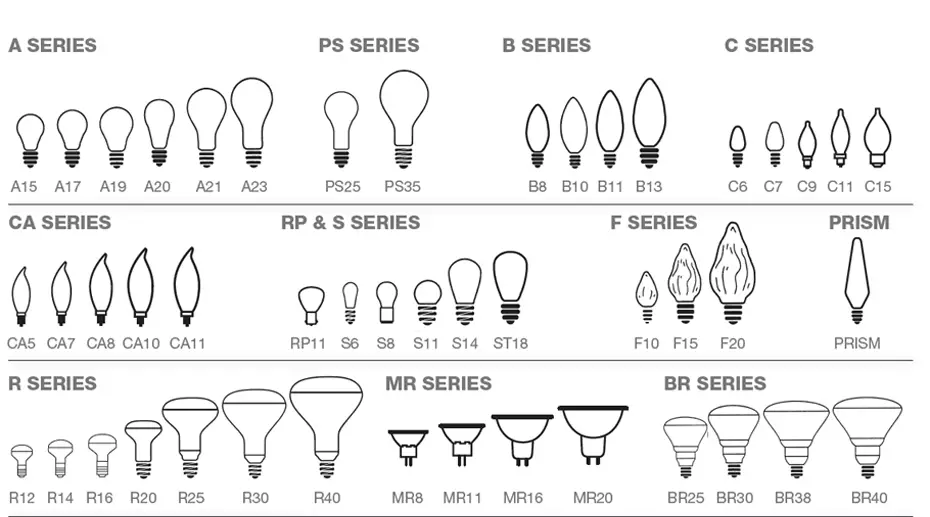 Example of Light bulb series and their sizes