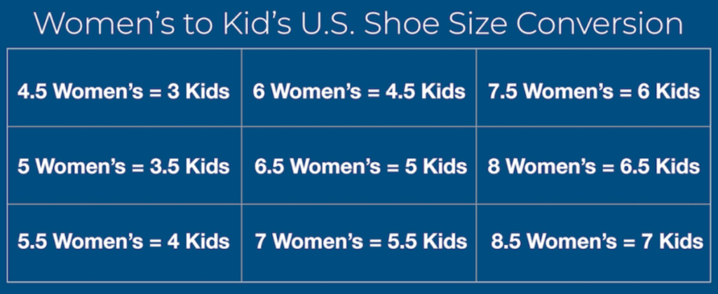 Womens to youth Shoe Size Conversion Chart