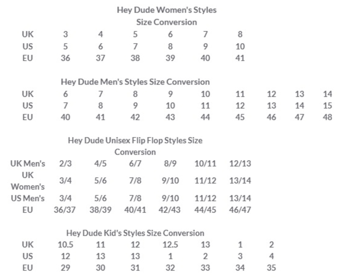 Hey Dude shoes size chart and fitting guide